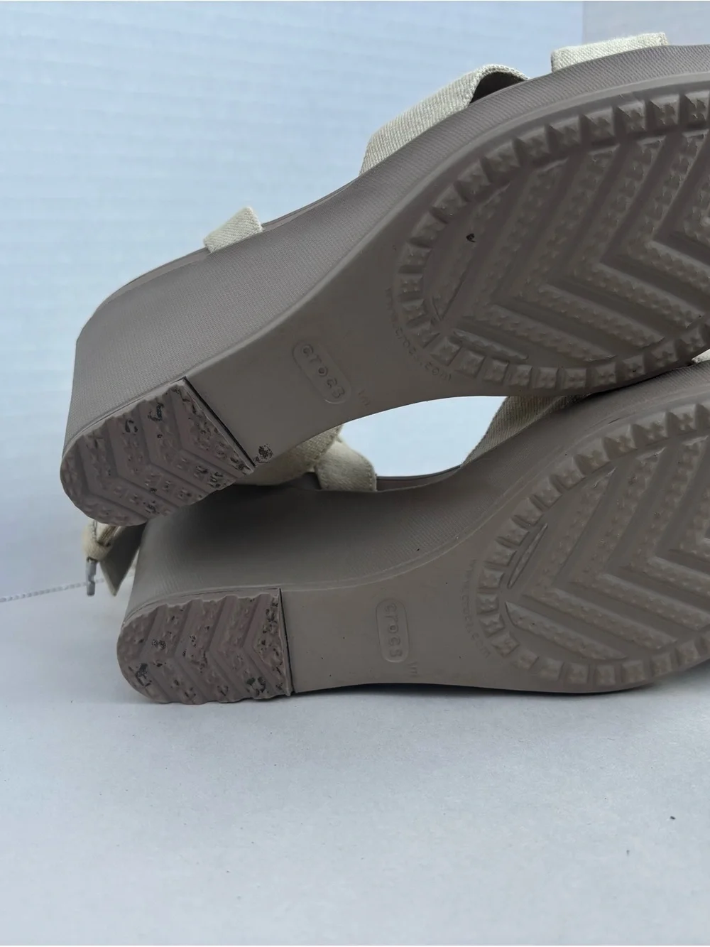 Crocs Leigh Beige Canvas Ankle Strap Wedge Sandals